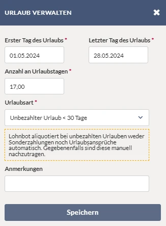 Urlaub verwalten: Unbezahlter Urlaub kürzer als 30 Tage